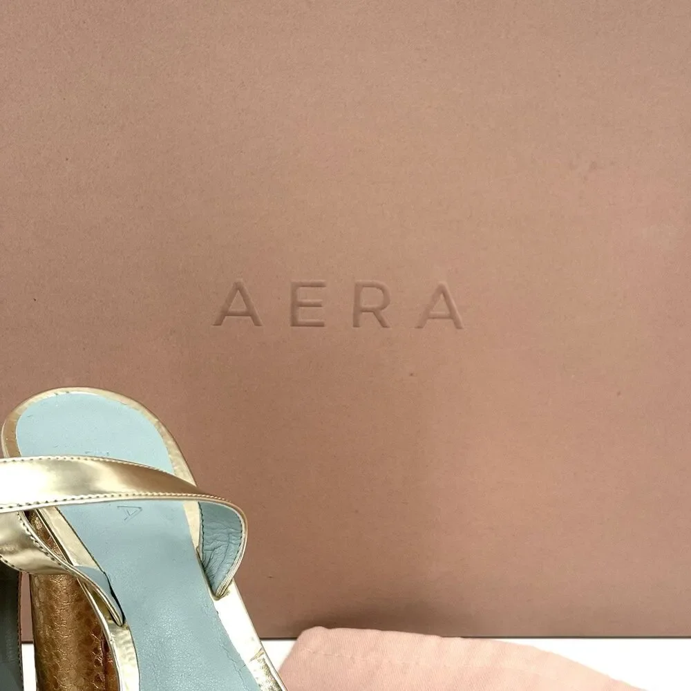 Aera Bianca Platform Block Heel Sandal Gold Python-Effect 8.5 Dust Bag/Box $395
